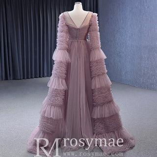 Ruffle Queen-ann Neckline Prom Dress Formal Gown with Cape Sleeve