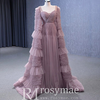 Ruffle Queen-ann Neckline Prom Dress Formal Gown with Cape Sleeve