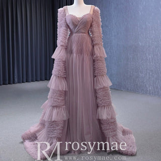 Ruffle Queen-ann Neckline Prom Dress Formal Gown with Cape Sleeve