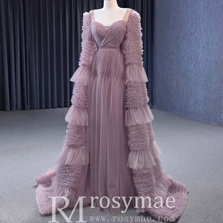 Ruffle Queen-ann Neckline Prom Dress Formal Gown with Cape Sleeve