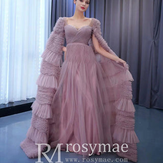 Ruffle Queen-ann Neckline Prom Dress Formal Gown with Cape Sleeve