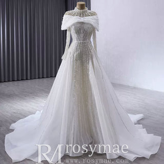 Muslim Style High Neck Sparkly Wedding Dress with Detachable Jacket