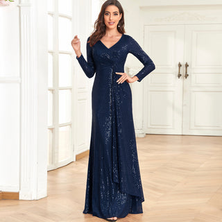 Long Sleeve V-Neck Fit Maxi Formal Gown Evening Dress For Women