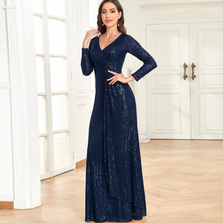 Long Sleeve V-Neck Fit Maxi Formal Gown Evening Dress For Women