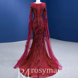 High-end Vintage Burgundy Beading Sequins Evening Dress