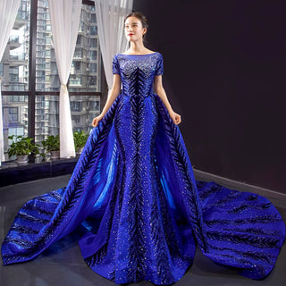 Royal Blue Sparkly Prom Dress Evening Gown with Detachable Train