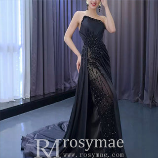 Elegant Black Evening Dress Satin Strapless Beading Pleated Prom Dresses