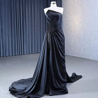 Elegant Black Evening Dress Satin Strapless Beading Pleated Prom Dresses