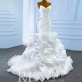 Ruched Strapless Vneck Mermaid Wedding Dress with Ruffle Skirt