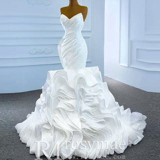 Ruched Strapless Vneck Mermaid Wedding Dress with Ruffle Skirt