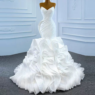 Ruched Strapless Vneck Mermaid Wedding Dress with Ruffle Skirt