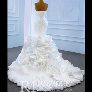 Ruched Strapless Vneck Mermaid Wedding Dress with Ruffle Skirt