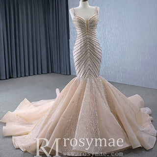 Luxury Beaded Trumpet Wedding Dresswith Spaghetti Strap Formal Gown