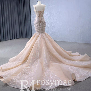 Robe de mariée trompette de luxe avec perles et bretelles spaghetti