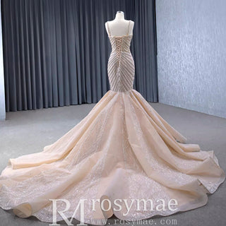 Robe de mariée trompette de luxe avec perles et bretelles spaghetti