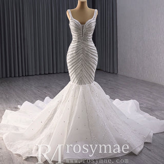 Robe de mariée trompette de luxe avec perles et bretelles spaghetti