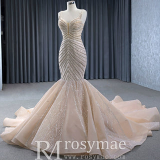 Luxury Beaded Trumpet Wedding Dresswith Spaghetti Strap Formal Gown