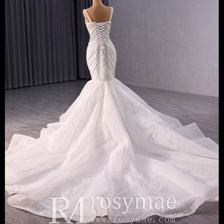 Luxury Beaded Trumpet Wedding Dresswith Spaghetti Strap Formal Gown