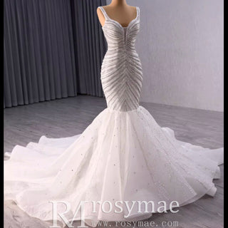 Luxury Beaded Trumpet Wedding Dresswith Spaghetti Strap Formal Gown