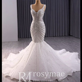 Luxury Beaded Trumpet Wedding Dresswith Spaghetti Strap Formal Gown