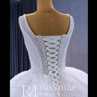 Gorgeous Beading Pearl Sequins Wedding Dress with Square Neck