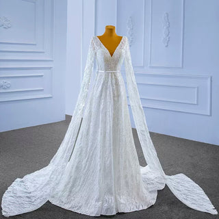 High-end Sequins Vneck Wedding Dress with Long Cape Sleeve