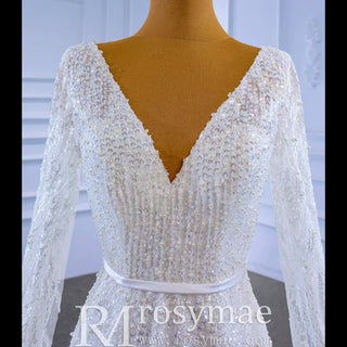 High-end Sequins Vneck Wedding Dress with Long Cape Sleeve