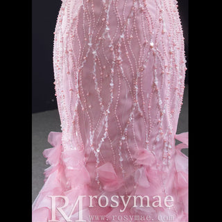 Robe de bal sirène rose à manches longues, dos nu, perles et paillettes