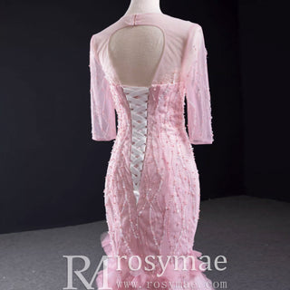 Vestido de fiesta de lentejuelas con cuentas, espalda descubierta, manga larga, sirena rosa