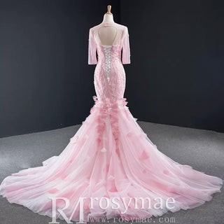 Pink Mermaid Long Sleeve Backless Beading Sequins Prom Dress