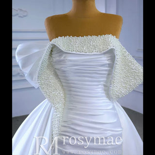 Satin Overskirt Pearl Wedding Dress Off the Shoulder Bridal Gown