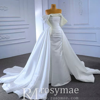 Satin Overskirt Pearl Wedding Dress Off the Shoulder Bridal Gown