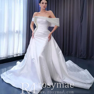 Satin Overskirt Pearl Wedding Dress Off the Shoulder Bridal Gown