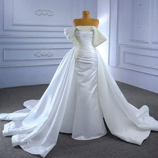 Satin Overskirt Pearl Wedding Dress Off the Shoulder Bridal Gown
