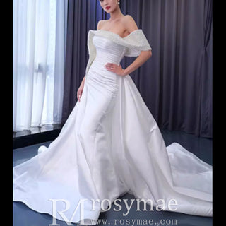 Satin Overskirt Pearl Wedding Dress Off the Shoulder Bridal Gown