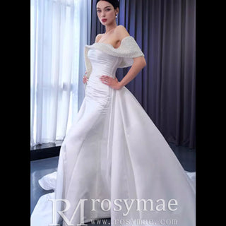 Satin Overskirt Pearl Wedding Dress Off the Shoulder Bridal Gown