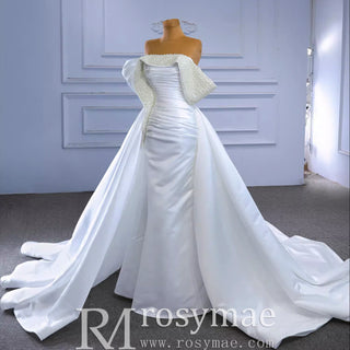 Satin Overskirt Pearl Wedding Dress Off the Shoulder Bridal Gown