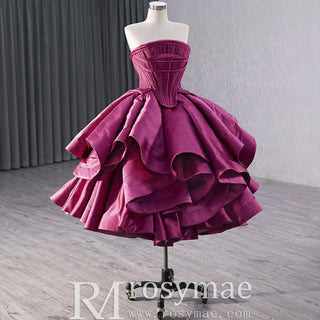 Tiered Ruffled Ssatin Homecoming Dress Strapless Short Prom Gown