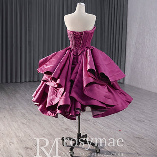 Tiered Ruffled Ssatin Homecoming Dress Strapless Short Prom Gown