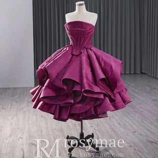 Tiered Ruffled Ssatin Homecoming Dress Strapless Short Prom Gown