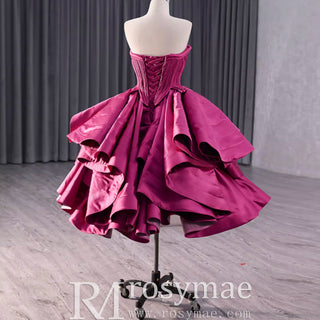 Tiered Ruffled Ssatin Homecoming Dress Strapless Short Prom Gown