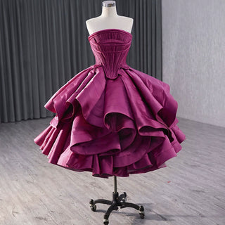 Tiered Ruffled Ssatin Homecoming Dress Strapless Short Prom Gown