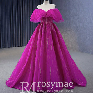 Sparkly Off the Shoulder Evening Dress Puffy Ball Gown Long Prom Dress