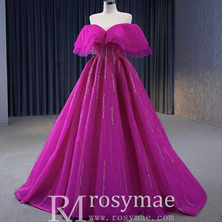 Sparkly Off the Shoulder Evening Dress Puffy Ball Gown Long Prom Dress