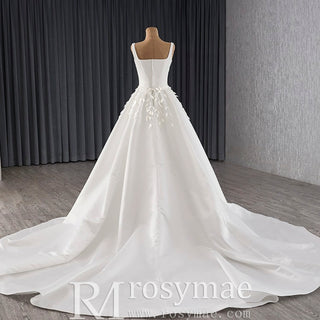 Square Collar A-line Satin Wedding Dress with Detachable Skirt