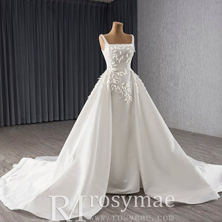 Square Collar A-line Satin Wedding Dress with Detachable Skirt