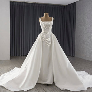 Square Collar A-line Satin Wedding Dress with Detachable Skirt