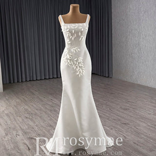 Square Collar A-line Satin Wedding Dress with Detachable Skirt