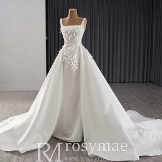 Square Collar A-line Satin Wedding Dress with Detachable Skirt