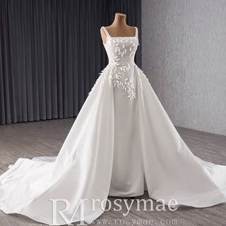 Square Collar A-line Satin Wedding Dress with Detachable Skirt